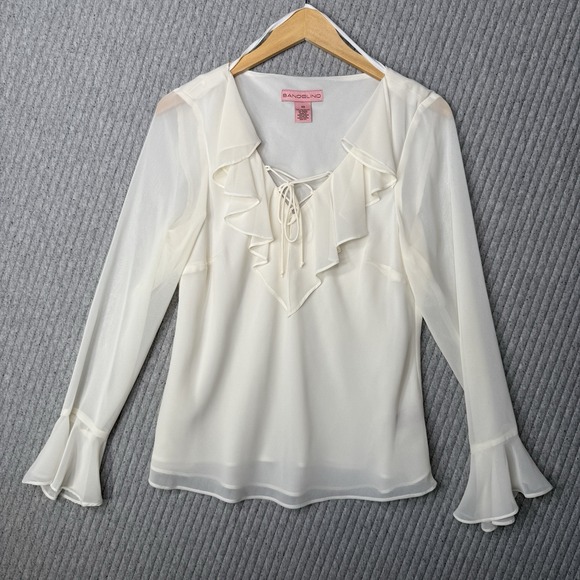Bandolino 90s Ruffle Collar Sheer Long Sleeve Women's Size Medium Off‎ White - Picture 1 of 6
